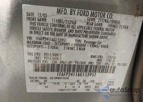 2006 Ford Five Hundred Sel from USA, damaged, VIN 1FAFP24116G153951